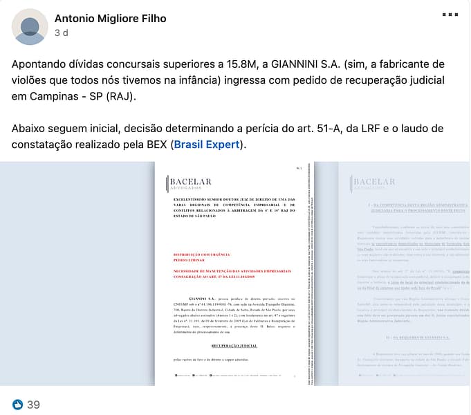 Advogado Antonio Migliori Filho publicou o processo em seu Linkedin.